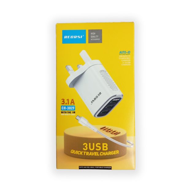 RECRSI 3 USB 3.1A Travel Charger With  1m Cable  - CH382F